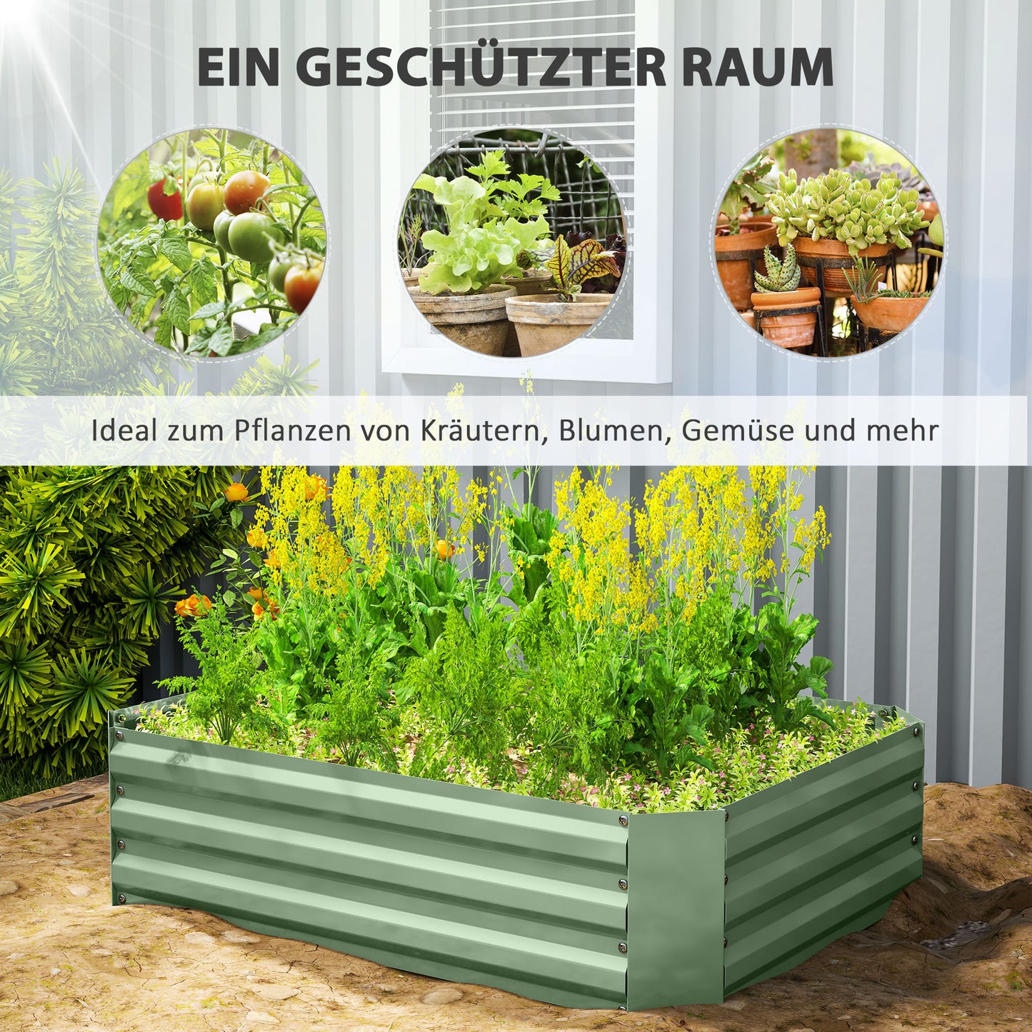 Outsunny Hochbeet aus verzinktem Stahl, Gartenbeet, Pflanzkasten für Garten, Blumenkasten, 120 x 90 x 30 cm, Dunkelgrün