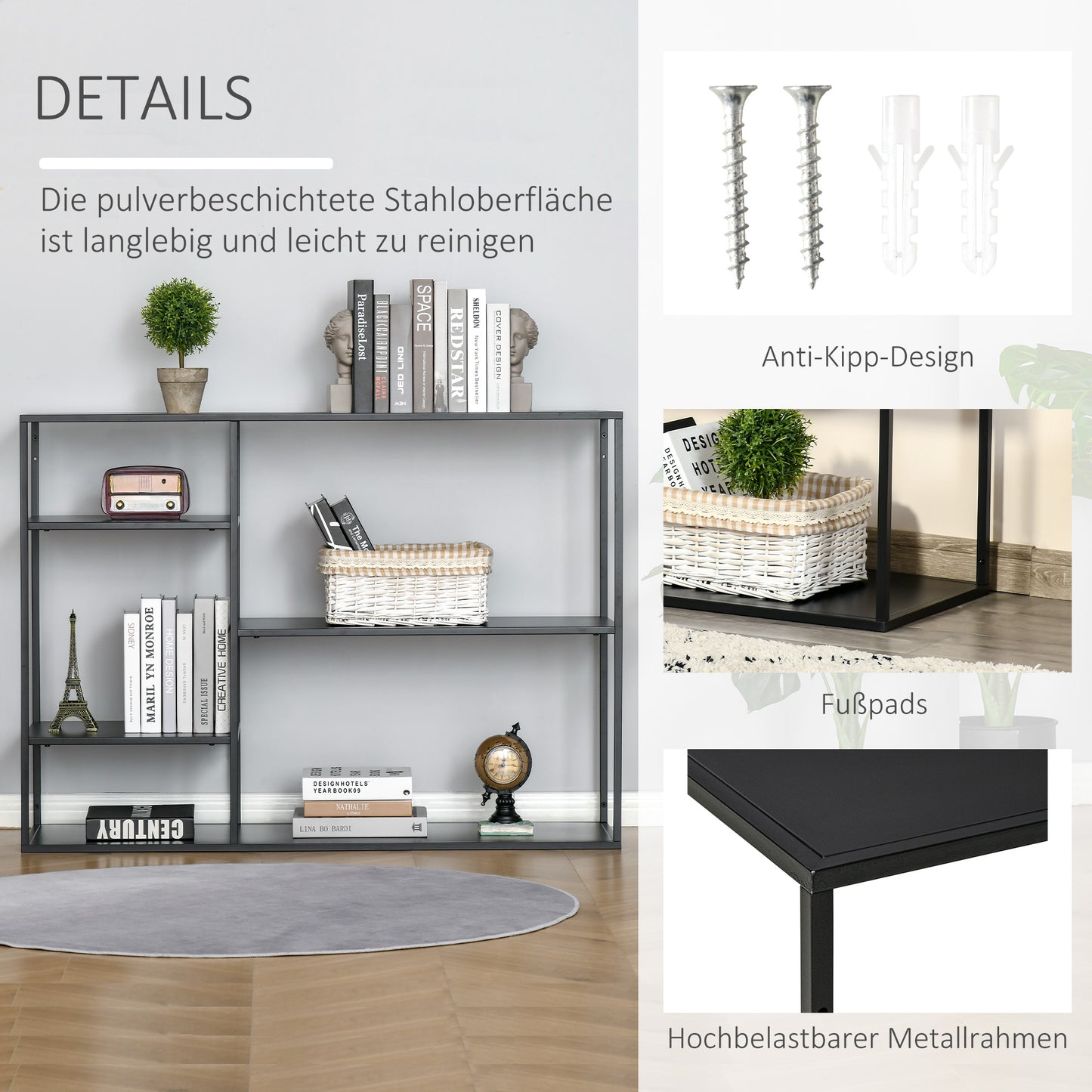 HOMCOM Standregal Bücherregal mit 5 offenen Fächern, Aufbewahrungsregal mit Metallrahmen, Würfelregal für Küche, Wohnzimmer, Schwarz, 120 x 35 x 87,5 سم