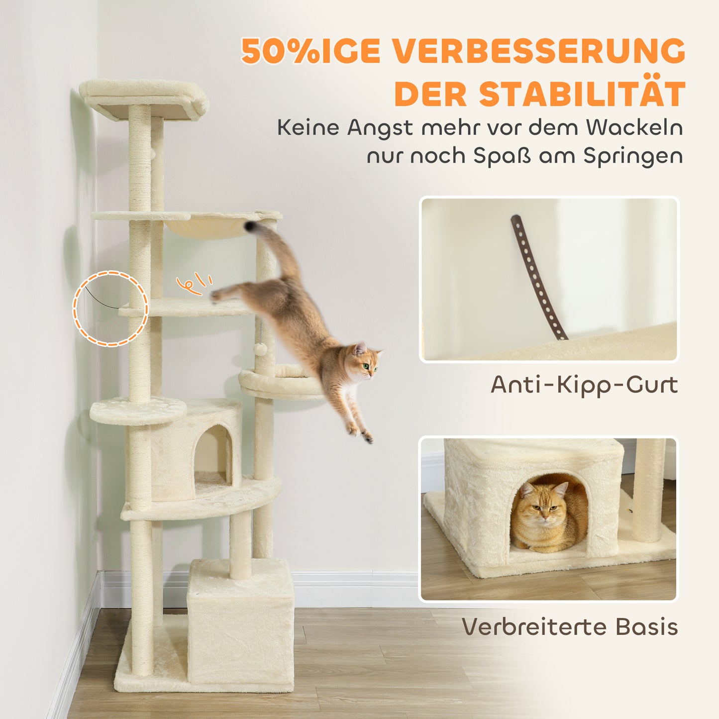 PawHut 2 Meter hoher Kratzbaum für 2-3 Katzen, Kratzpfosten, Höhlen, Hängematte, Verstecke, mehrstöckiges Design, Sisal, Holz, Plüsch, Beige