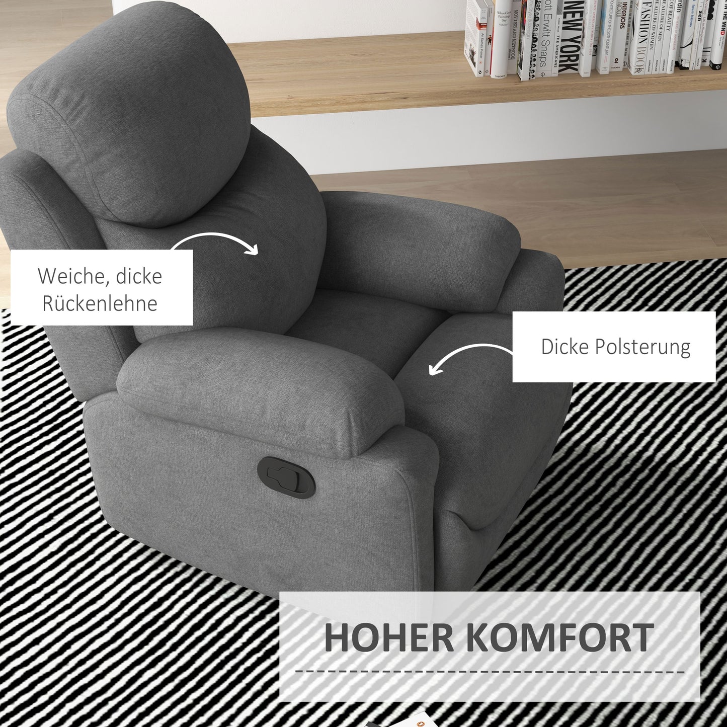 HOMCOM Relaxsessel Liegesessel Fernsehsessel، Liegefunktion Leinenoptik، 93 سم × 88 سم × 102 سم، غراو