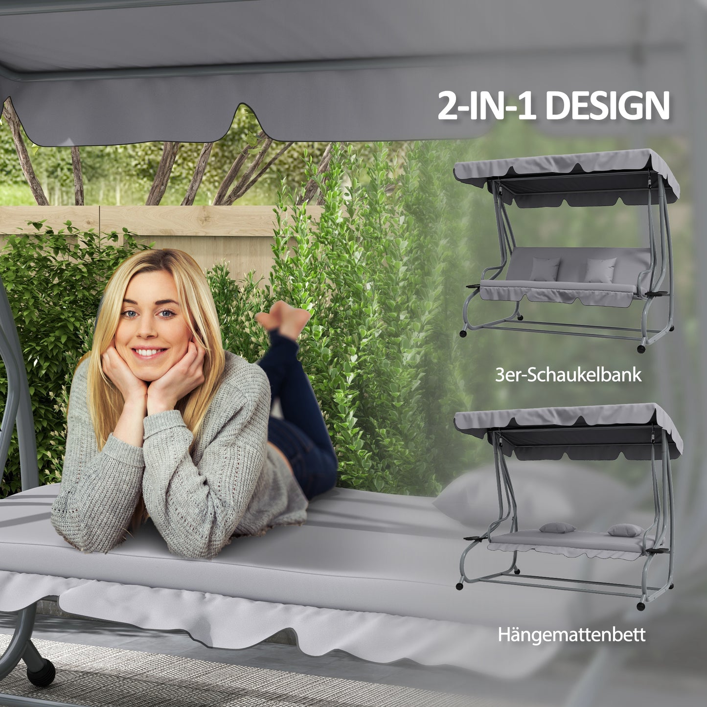 Outsunny 2-in-1 Hollywoodschaukel mit Liegefunktion, verstellbares Dach, bis 340 kg, Stahl, 200x120x164 cm, Grau