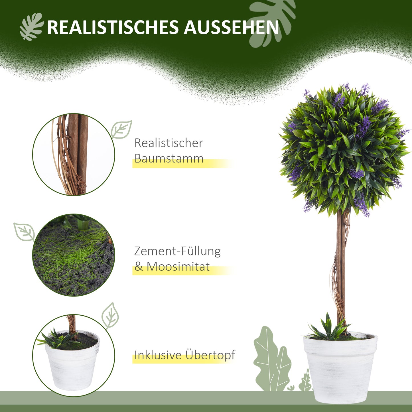 HOMCOM 2er-Set Kunstpflanze inkl. Übertopf und Kunstmoos, künstliche Lavendelstämmchen, Weiß + Grün + Lila