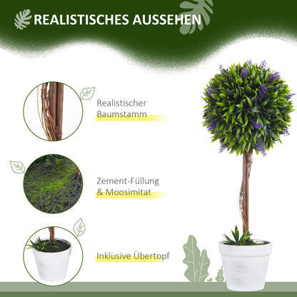 HOMCOM 2er-Set Kunstpflanze inkl. Übertopf und Kunstmoos, künstliche Lavendelstämmchen, Weiß + Grün + Lila