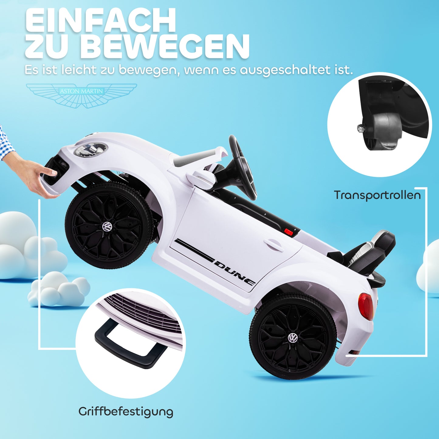 AIYAPLAY Elektro-Kinderfahrzeug, VW Käfer, 3-5 km/h, mit Fernbedienung & Musik, Weiß
