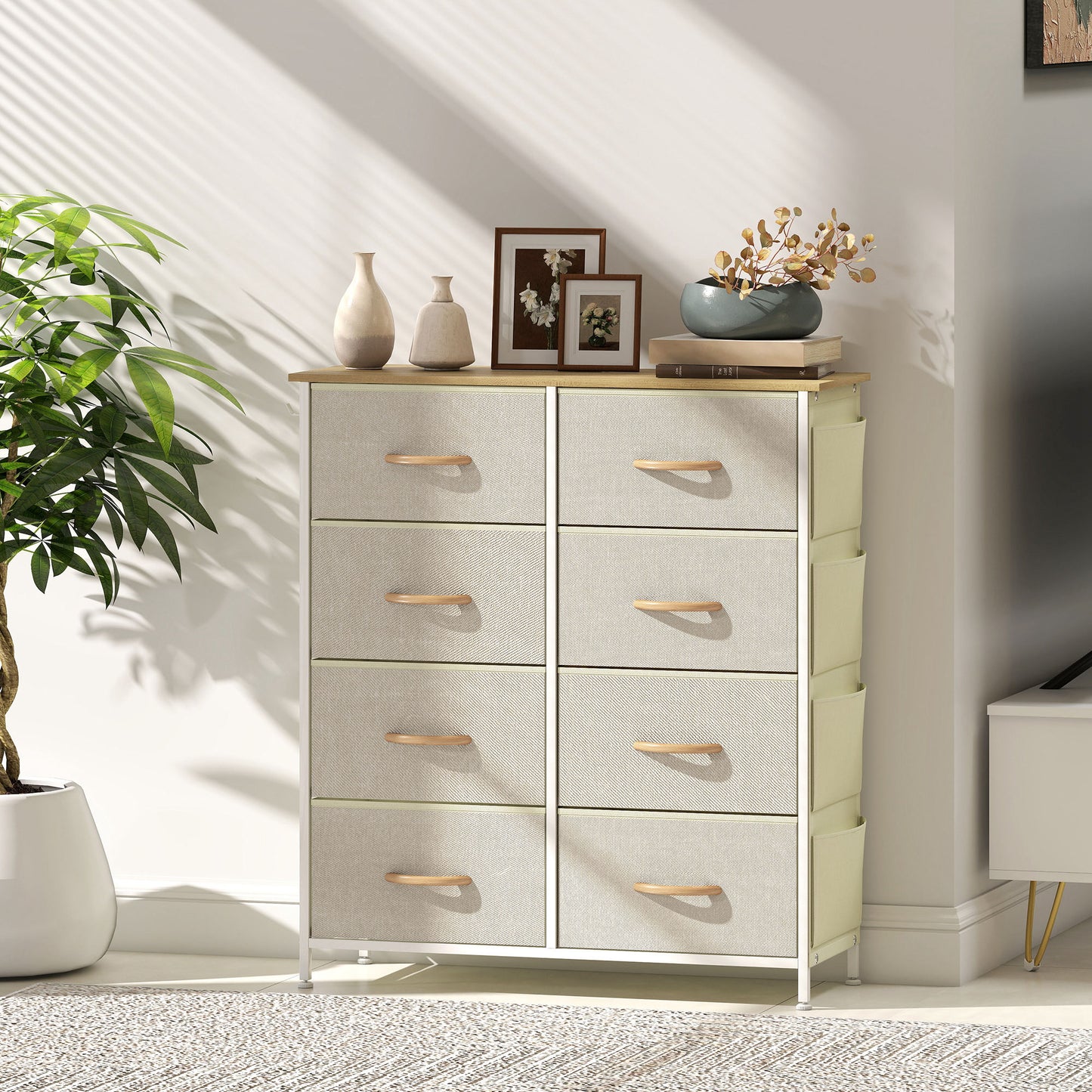 HOMCOM Schlafzimmer-Kommode mit 8 Stoffschubladen, Stahlstreben, Holzoberfläche, 4 Aufbewahrungstaschen, 2 Haken, Beige