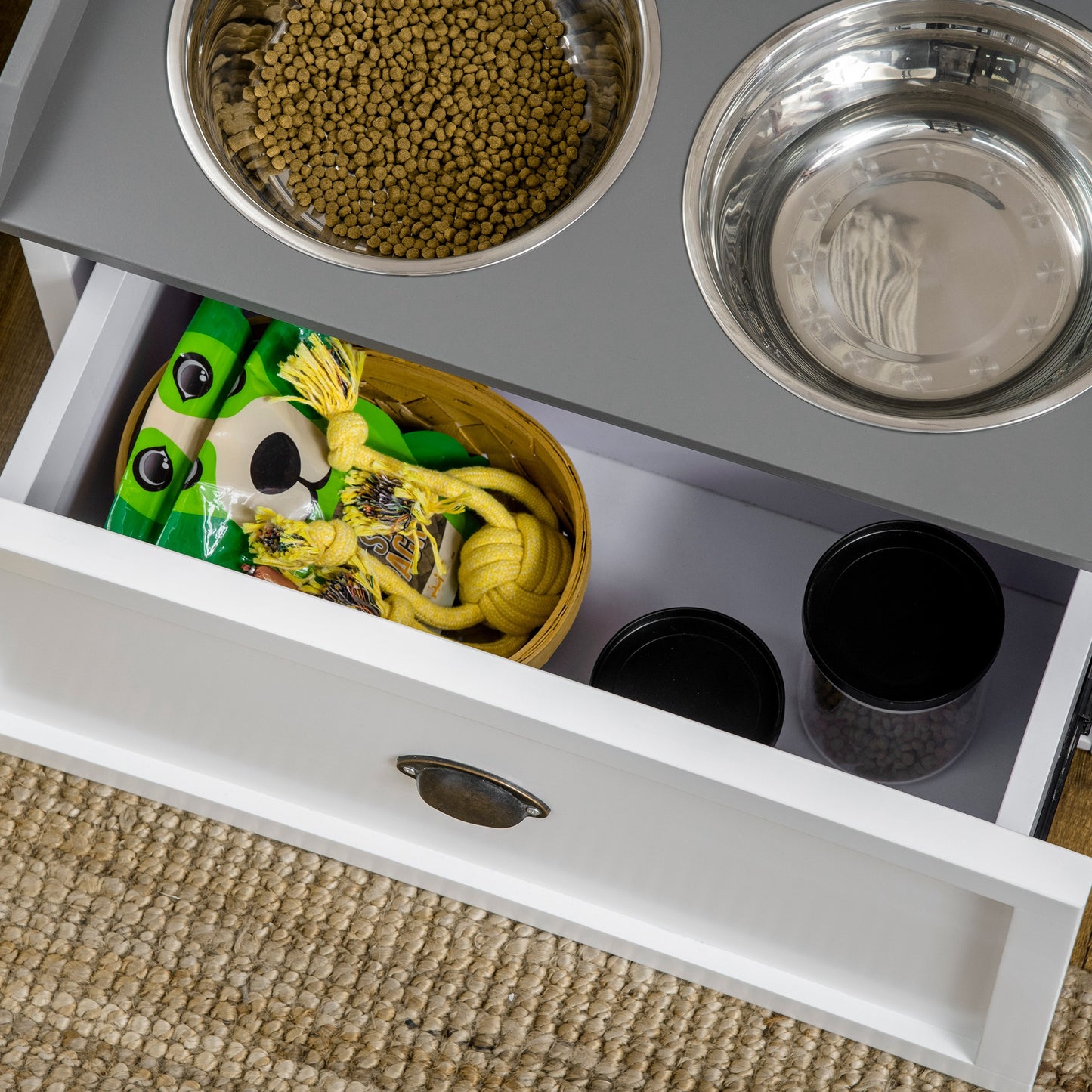 PawHut Futterstation, 2 Fressnäpfe je 2 Liter, Edelstahl, mit Schublade, für große Hunde, weiß+grau, 60 x 30 x 36 cm