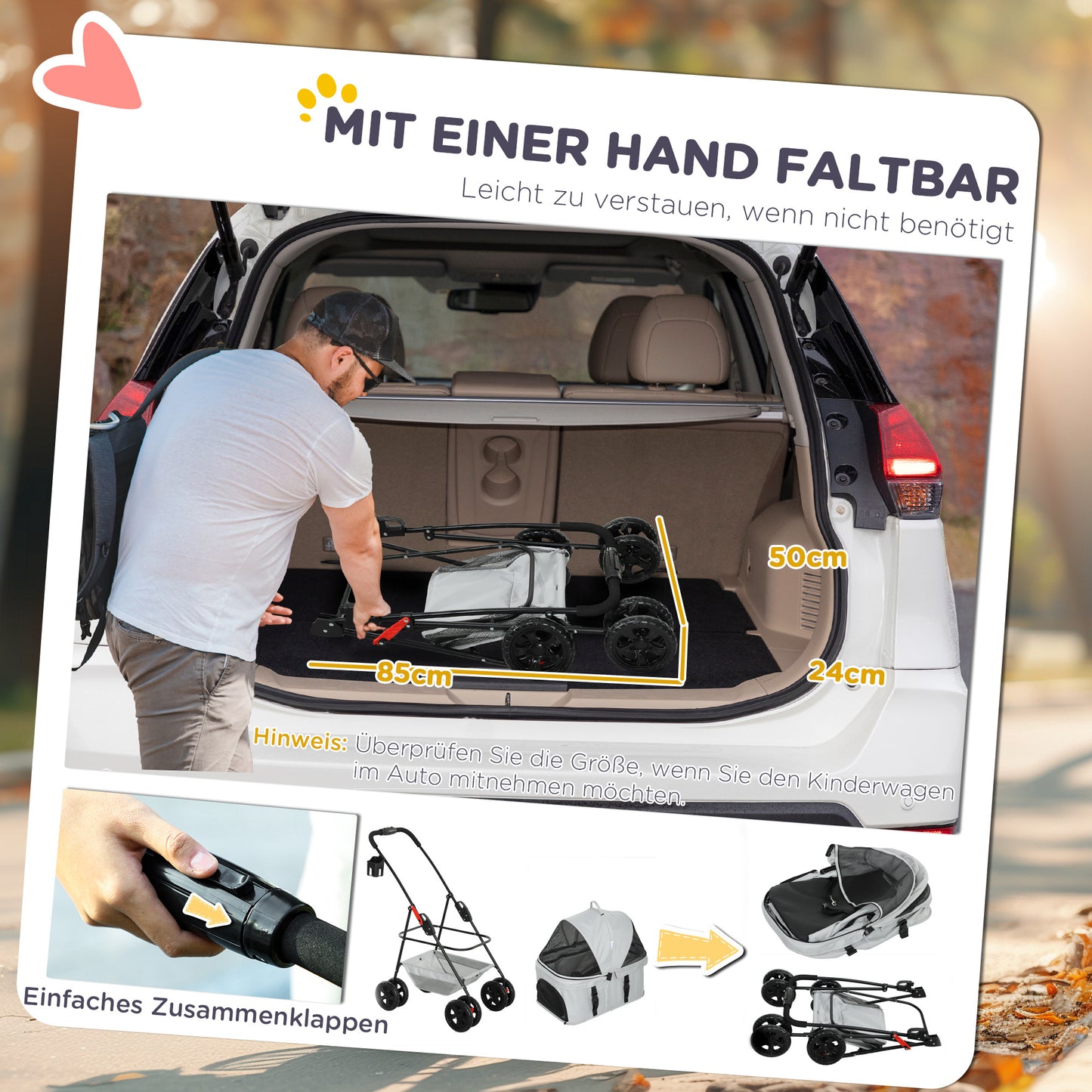 PawHut 3-in-1-Haustierkinderwagen, zusammenklappbarer Hundewagen mit 4 Rädern und abnehmbarer Trage für Hunde und Katzen, Grau