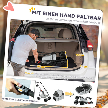 PawHut 3-in-1-Haustierkinderwagen, zusammenklappbarer Hundewagen mit 4 Rädern und abnehmbarer Trage für Hunde und Katzen, Grau