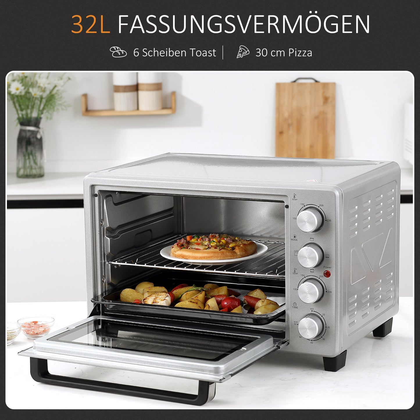 HOMCOM Mini Backofen 32L 100 °C-230 °C 1600 W Mini Ofen mit Backblech Krümelblech Grillrost und 3 Kochmodi Pizzaofen mit Timer Backblech-Griff Edelstahl Silber