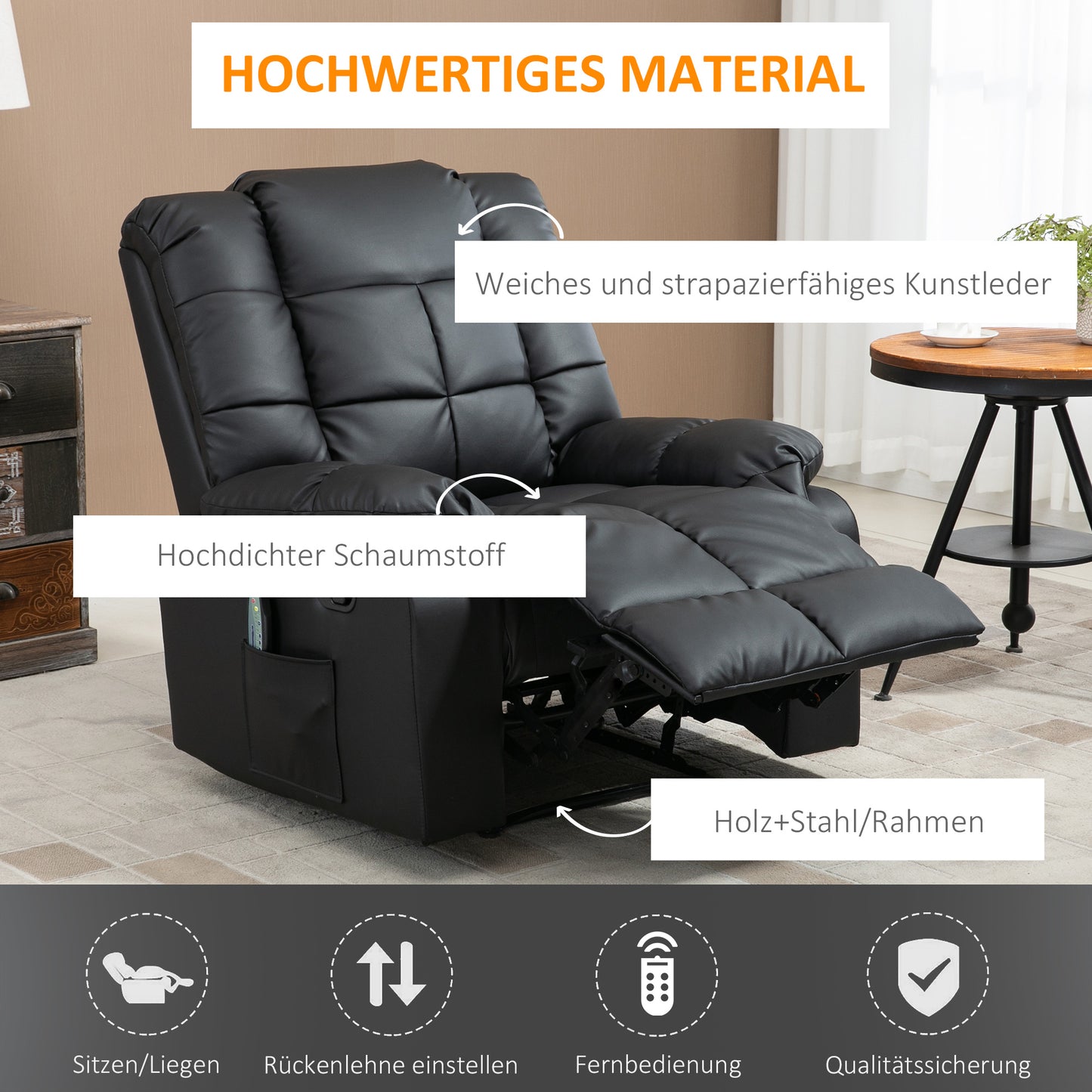 HOMCOM Massagesessel, Relaxsessel, 8 Vibrationspunkte, Liegefunktion, Kunstleder, schwarz, 94x99x99cm
