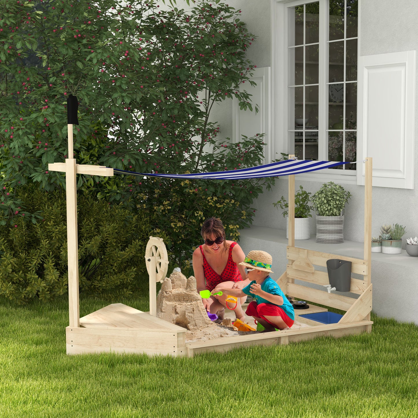 Outsunny Sandkasten mit Sonnendach Piratenschiff, inkl. Kinderküchenspielset, Massivholz, 180 x 103 x 144,5 cm, Natur + Blau