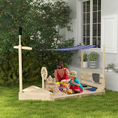 Outsunny Sandkasten mit Sonnendach Piratenschiff, inkl. Kinderküchenspielset, Massivholz, 180 x 103 x 144,5 cm, Natur + Blau