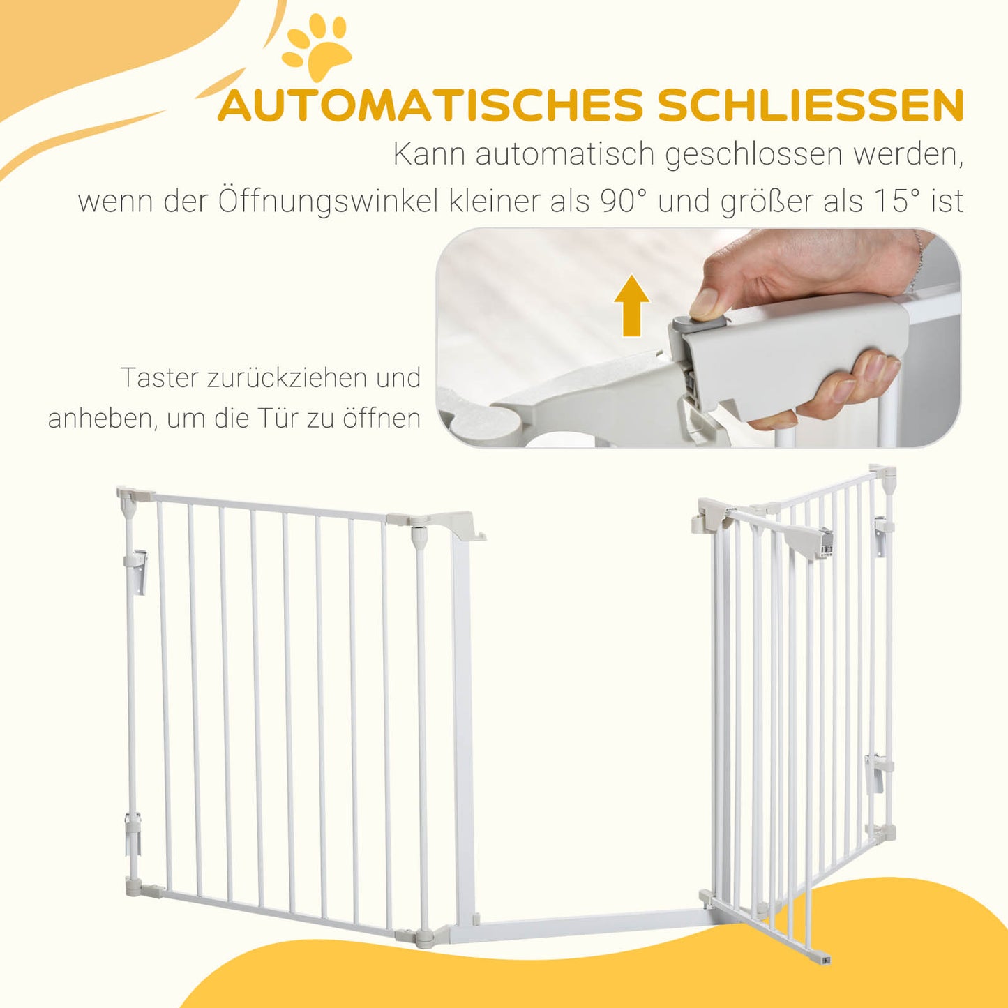 PawHut Absperrgitter Hund Freistehendes Schutzgitter 180 x 74,5 cm Hundegitter Klappbar Türschutzgitter Treppengitter Hundeabsperrgitter für Treppen, Türen, Küche, Flur, 3 Paneelen, Weiß