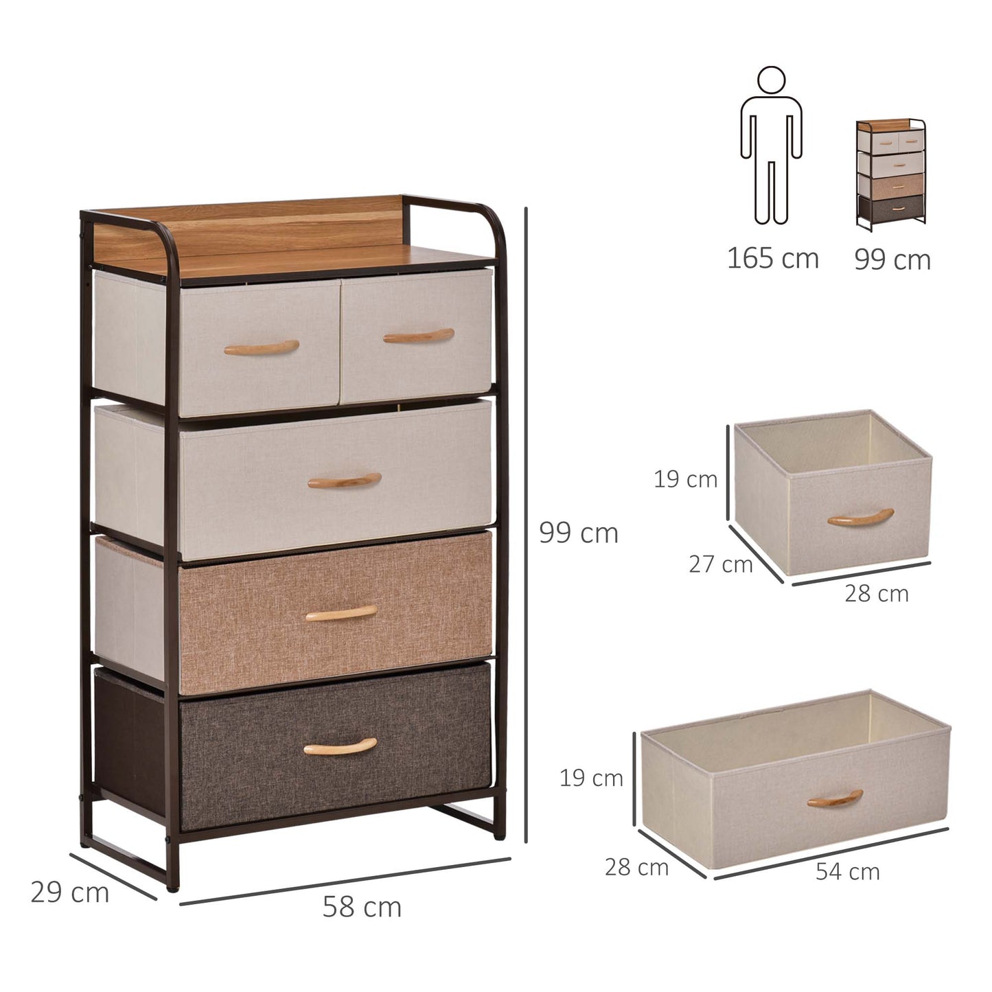 HOMCOM Kommode mit 5 faltbaren Stoffschubladen, Ablage, stabiler Stahlrahmen, 58 x 29 x 99 cm