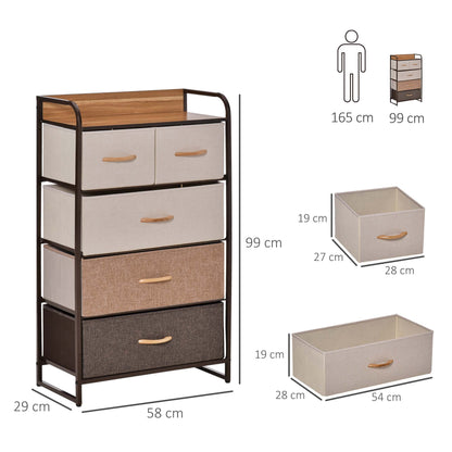 HOMCOM Kommode mit 5 faltbaren Stoffschubladen, Ablage, stabiler Stahlrahmen, 58 x 29 x 99 cm