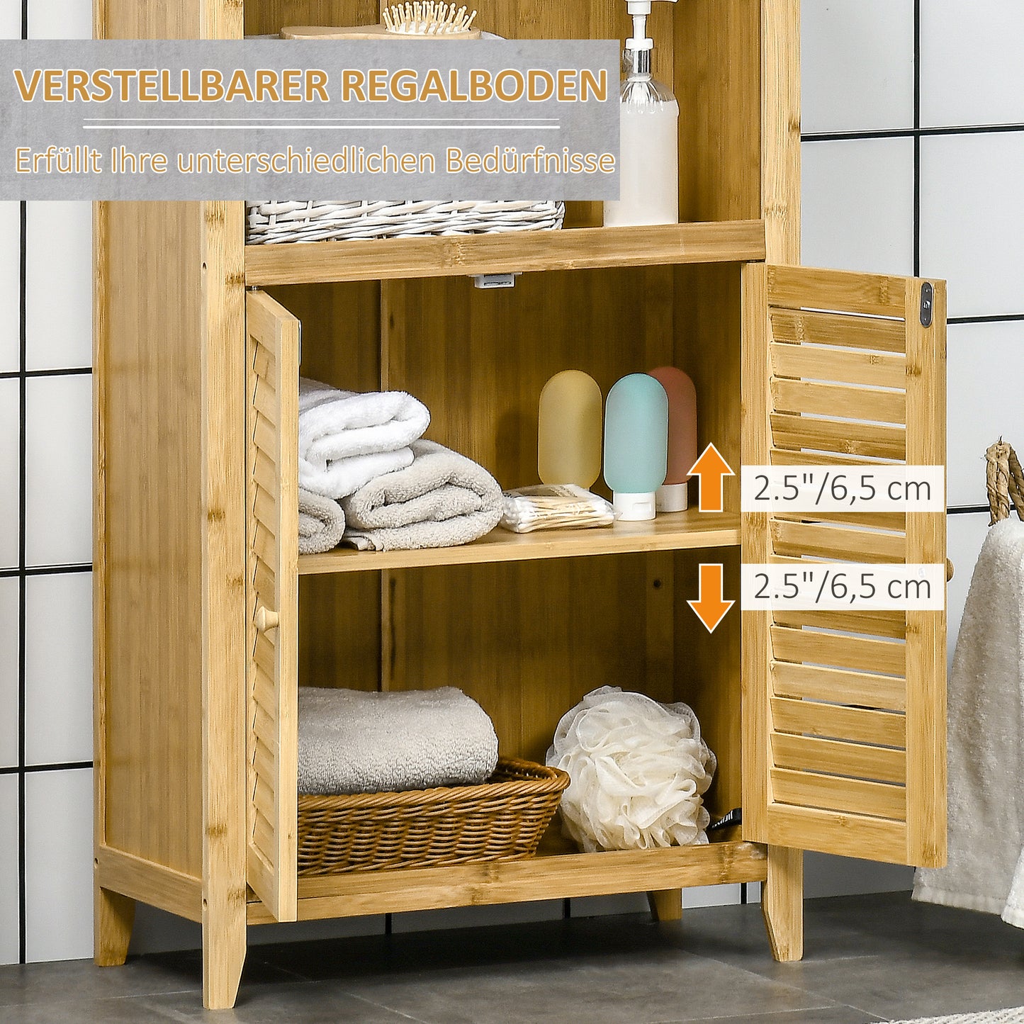 HOMCOM Badezimmerschrank Badschrank Standregal mit 2 Lamellentüren, offenem Regal, Bambus, Aufbewahrungsschrank Schrank für Badezimmer, Wohnzimmer 50 x 25,5 x 92cm Natur