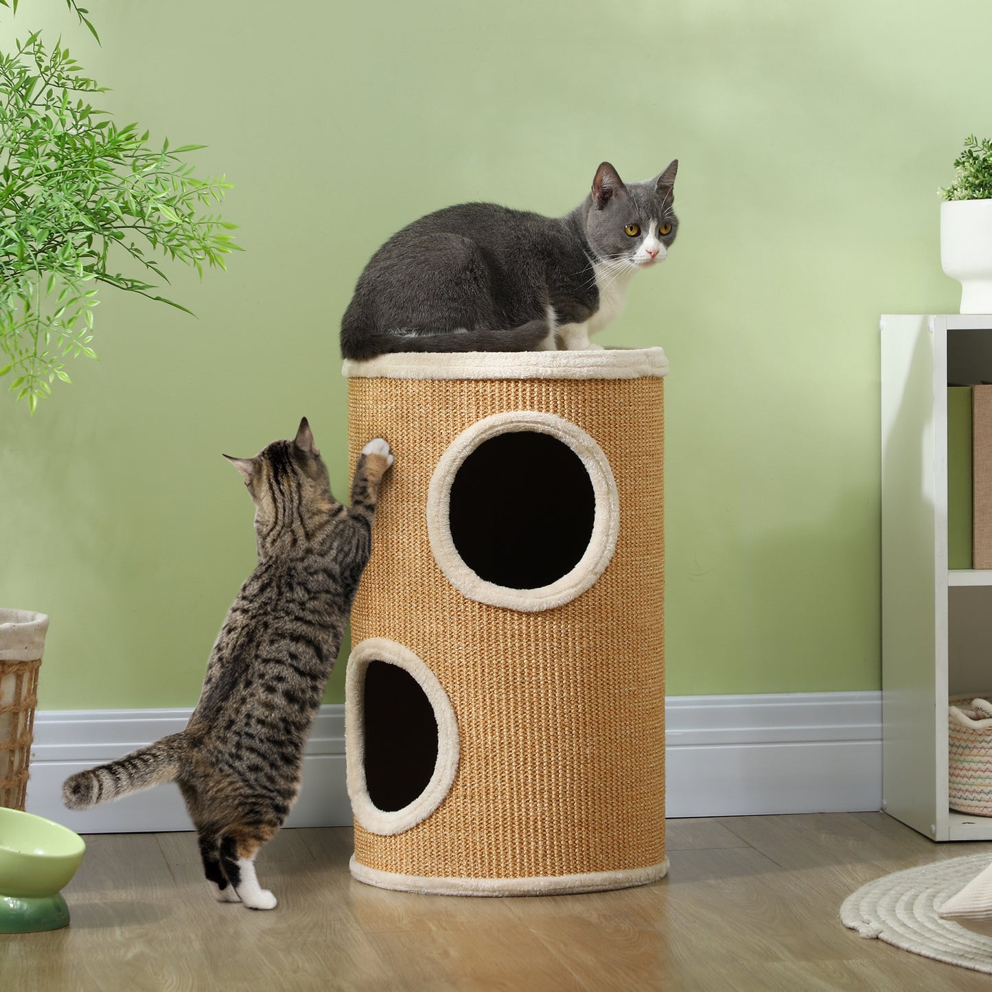 PawHut Katzenbaum mit viel Platz, Plüschbezug, Sisal-Oberfläche, Φ35 x 60H cm, Braun-Beige, 10 kg