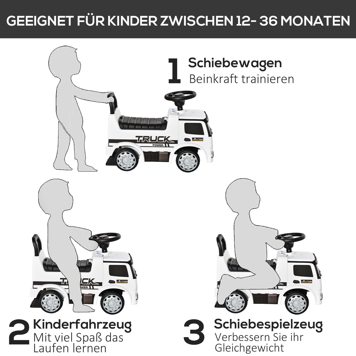 HOMCOM Rutscherfahrzeug Rutscherauto Babyrutscher Kinderfahrzeug lizenziert von Mercedes ANTOS-LKW-Stil mit Licht für Kinder von 12 bis 36 Monaten Metall PP-Kunststoff Weiß+Schwarz 62,5x28,5x45cm