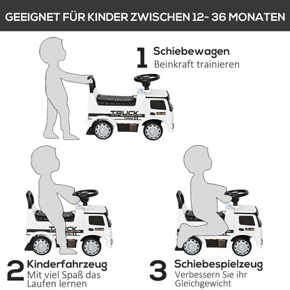 HOMCOM Rutscherfahrzeug Rutscherauto Babyrutscher Kinderfahrzeug lizenziert von Mercedes ANTOS-LKW-Stil mit Licht für Kinder von 12 bis 36 Monaten Metall PP-Kunststoff Weiß+Schwarz 62,5x28,5x45cm