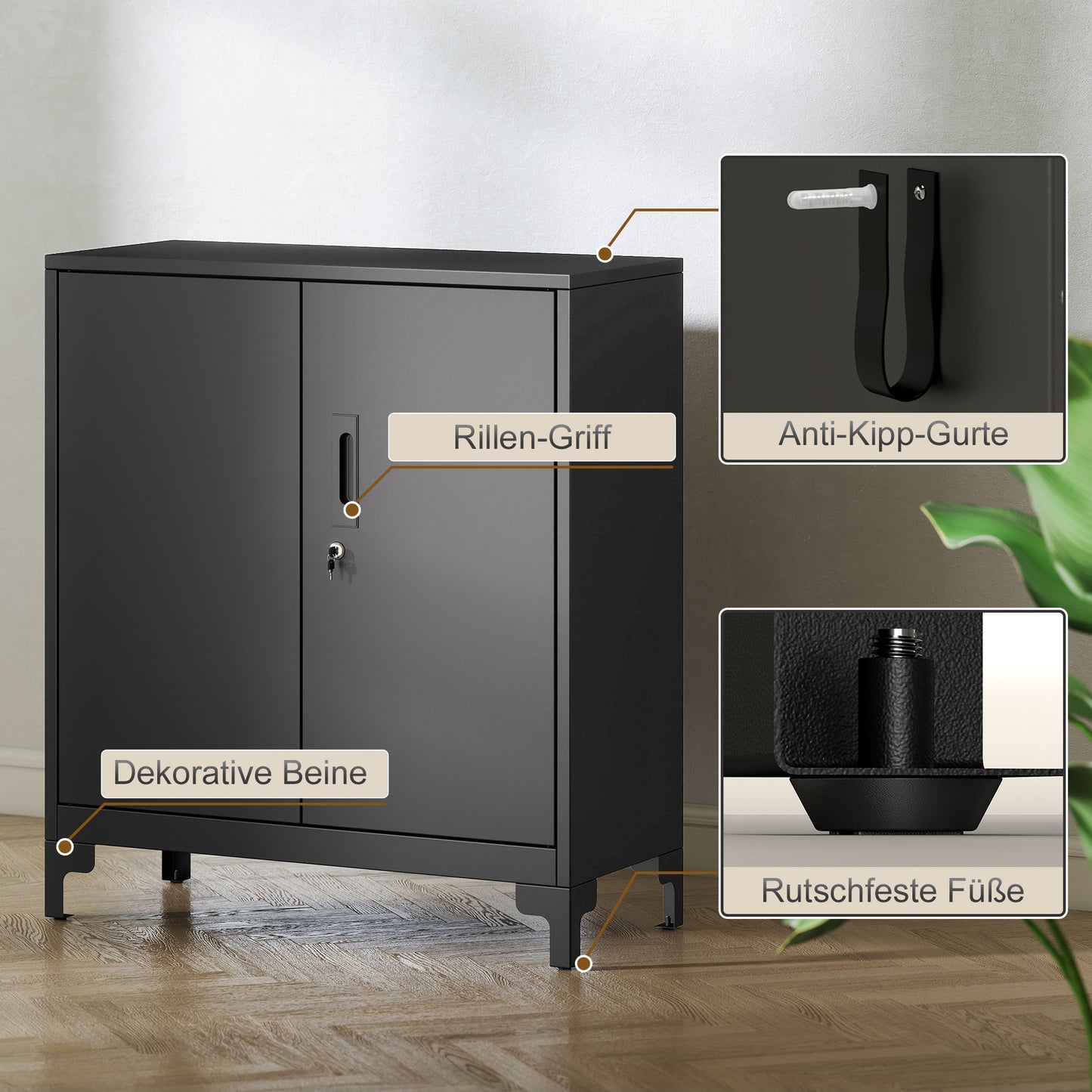 HOMCOM Büroschrank aus Metall, verschließbare Türen, Bürokommode, 2-stufiges Design, Schwarz