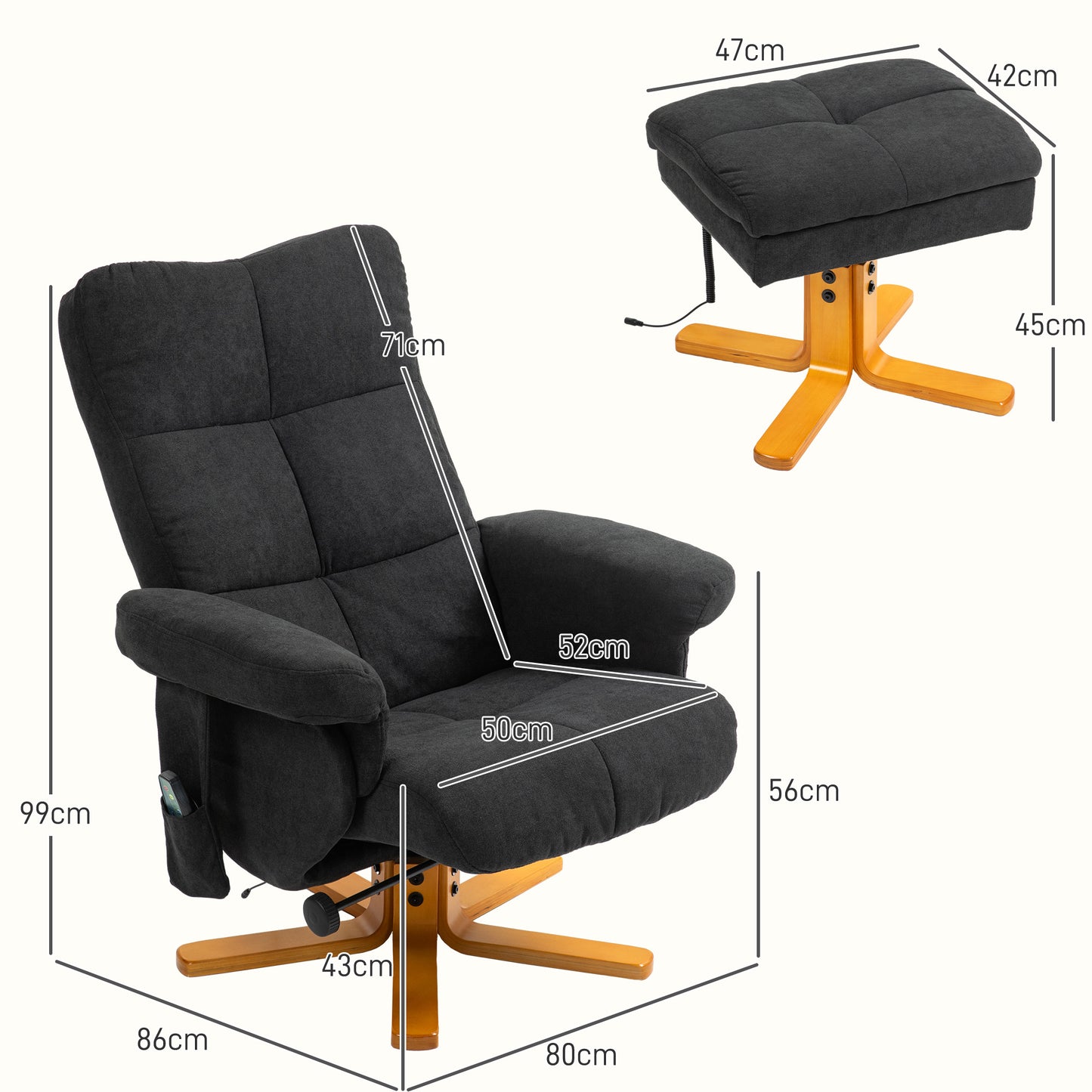 HOMCOM Massagesessel mit Liegefunktion und Fußhocker, 145°-Neigung, Polyester, 80 x 86 x 99 cm, Schwarz