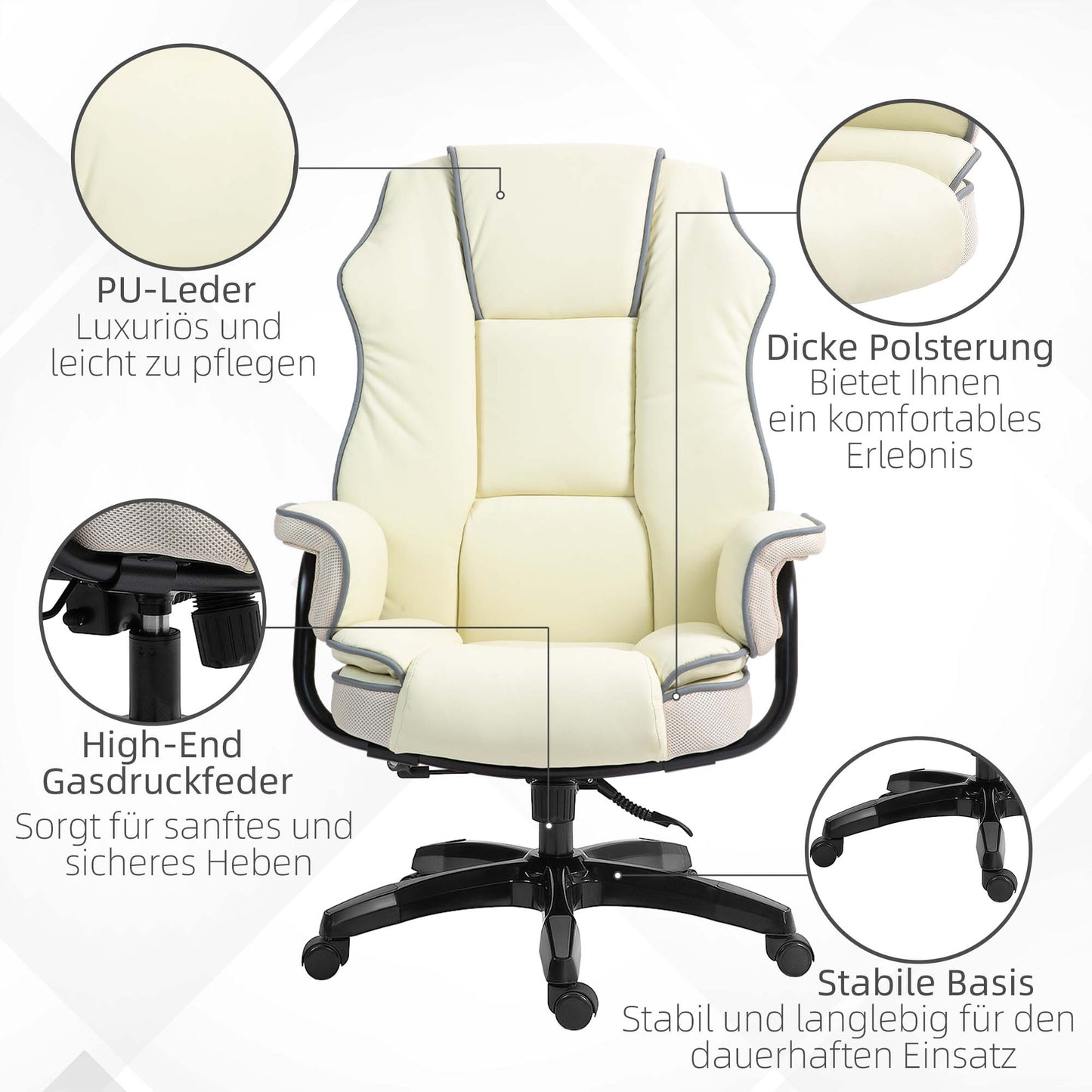 Vinsetto Ergonomischer Bürostuhl، gepolstert إضافي، Liegefunktion، Kunstleder، 76x80x118-124 سم، كريم