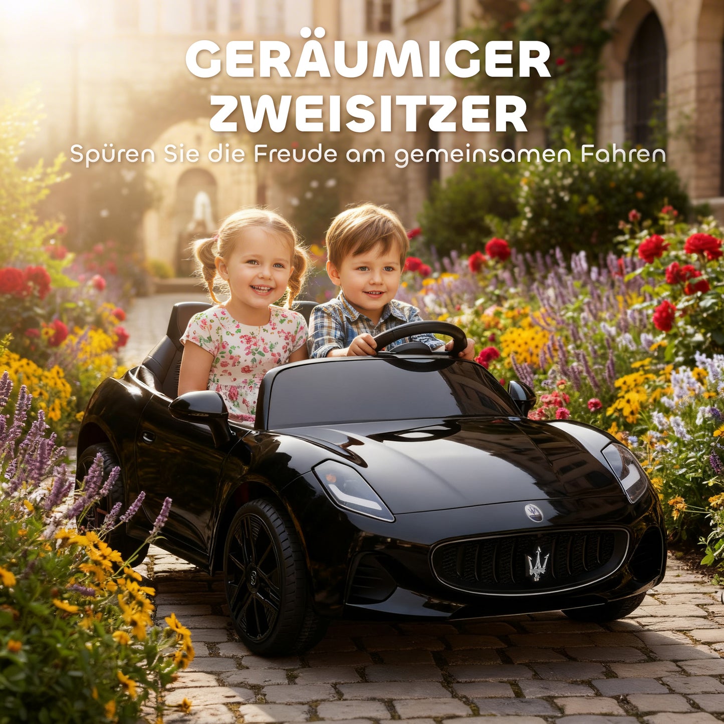 AIYAPLAY Maserati Elektroauto für Kinder, 2-Sitzer, 12V Batteriebetrieb, Fernbedienung, LED-Lichter, Musikfunktion, Schwarz