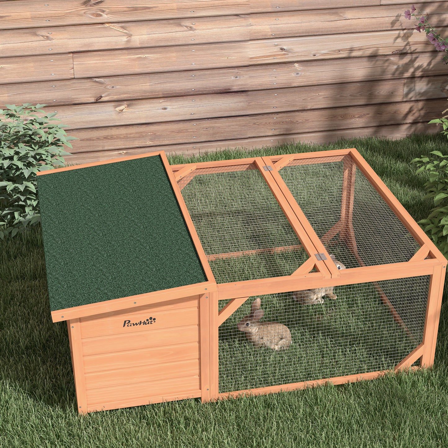 PawHut Kleintierstall mit Freigehege, herausnehmbare Bodenwanne, wetterbeständig, 125,5 cm x 100 c x 49 cm Grün + Natur
