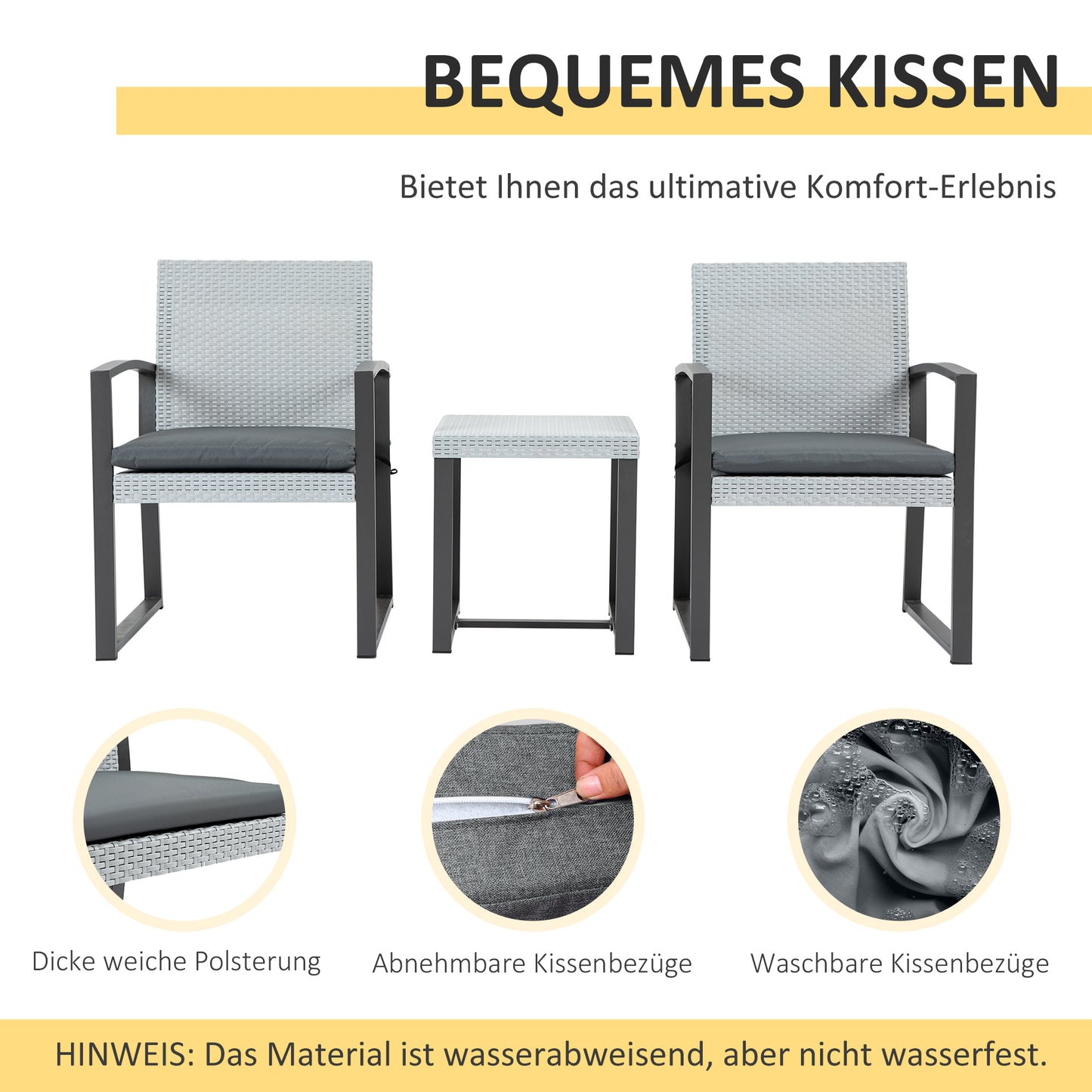 Outsunny Polyrattan Sitzgruppe für 2 Personen Balkonmöbel Set mit Beistelltisch mit Sitzkissen Stahl Schwarz+Grau