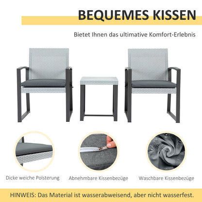 Outsunny Polyrattan Sitzgruppe für 2 Personen Balkonmöbel Set mit Beistelltisch mit Sitzkissen Stahl Schwarz+Grau