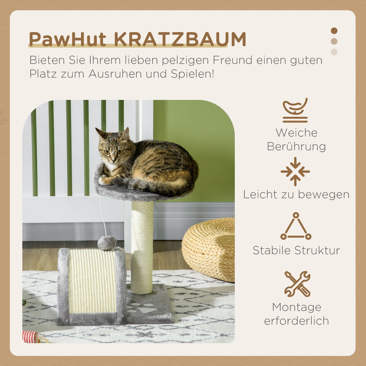PawHut Kratzbaum 46 cm Kleiner Katzenturm mit Höhle, Spielball, Sisal-Seil, erhöhter Plattform, Katzenkratzbaum, Kletterbaum, für Katzen bis zu 4 kg, Grau