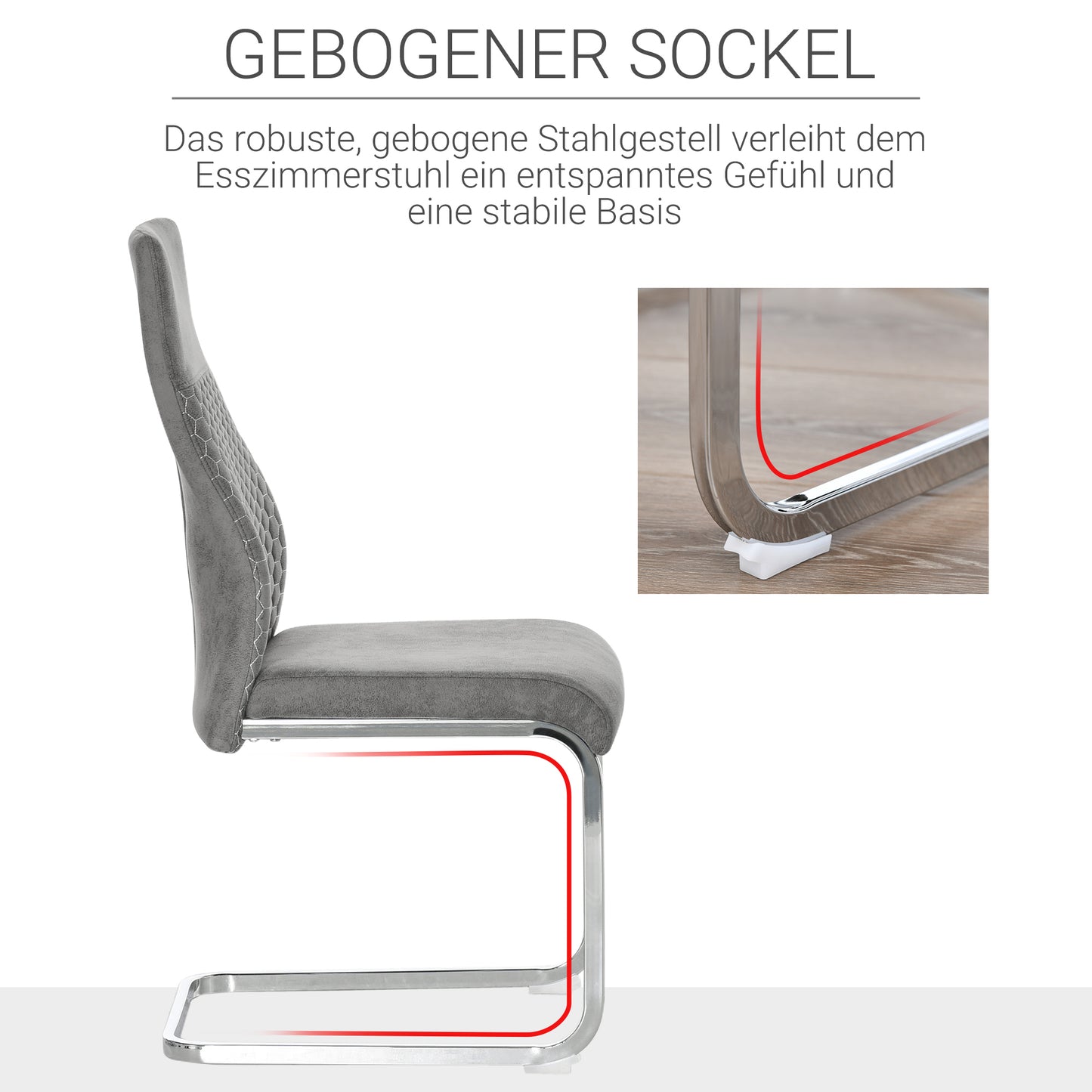 HOMCOM 4er-Set Freischwinger Esszimmerstühle 4-teilig Küchenstühle, Mikrofaser, 45 x 61 x 98 cm, Grau