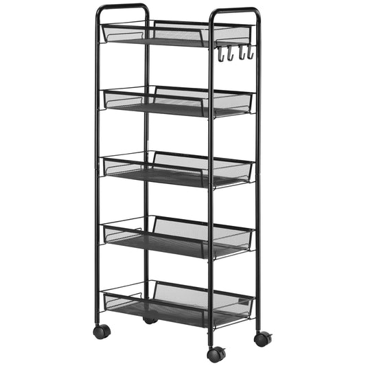 HOMCOM Küchenwagen mit 5 Drahtkörben, 4 Haken, 4 Rollen, 2 Griffe, Stahl/Kunststoff, 45x26,5x106 cm, Weiß