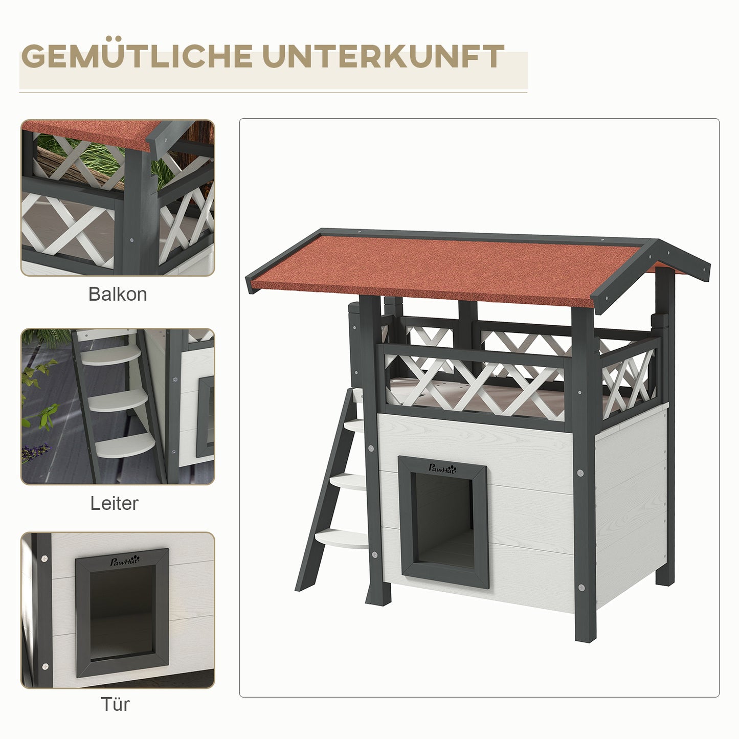 PawHut Katzenhaus Katzenhütte Haustierhütte, Asphaltdach, 2 Ebenen, 1 Leiter, Weiß+Rot