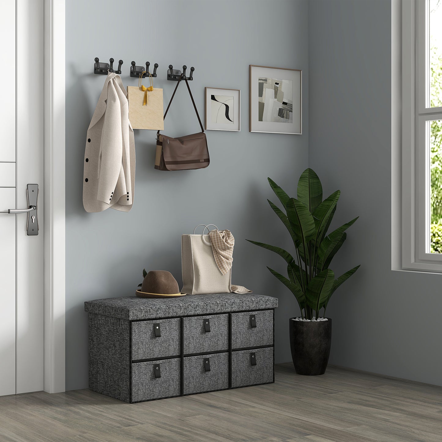 HOMCOM Gepolsterte Schuhbank, 6 Schuhfächer, MDF-Rahmen, Leinenoptik, Grau