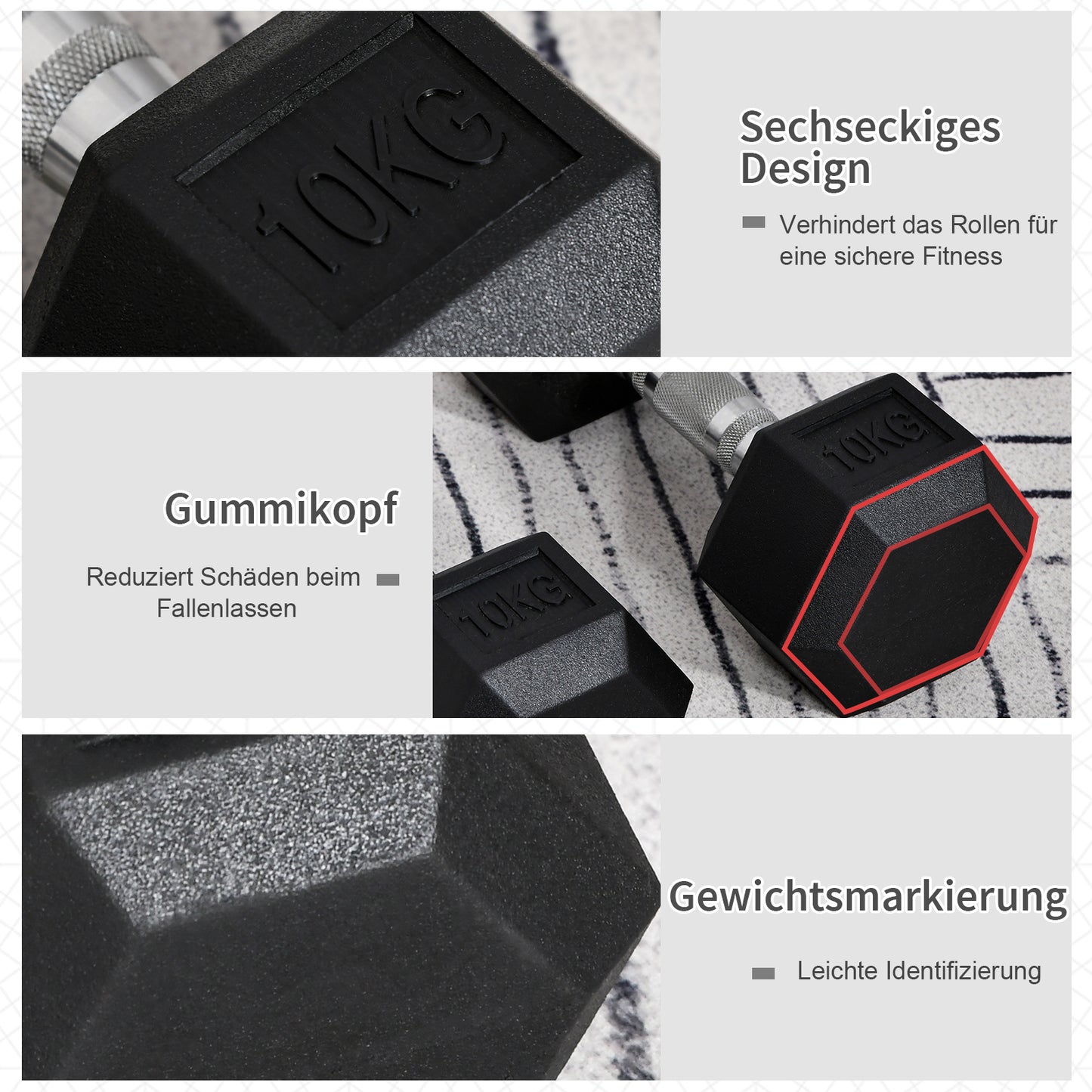 HOMCOM Hexagon Hanteln, 2er Set Hanteln mit gerändeltem Griff, Kurzhantelset aus Gusseisen, 2 x 10 kg, Kurzhanteln für Männer Frauen, Zuhause, Fitnessstudio, Krafttraining
