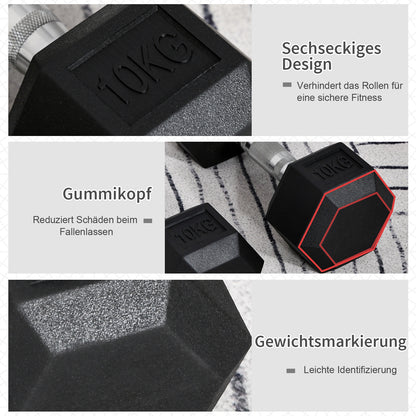 HOMCOM Hexagon Hanteln, 2er Set Hanteln mit gerändeltem Griff, Kurzhantelset aus Gusseisen, 2 x 10 kg, Kurzhanteln für Männer Frauen, Zuhause, Fitnessstudio, Krafttraining
