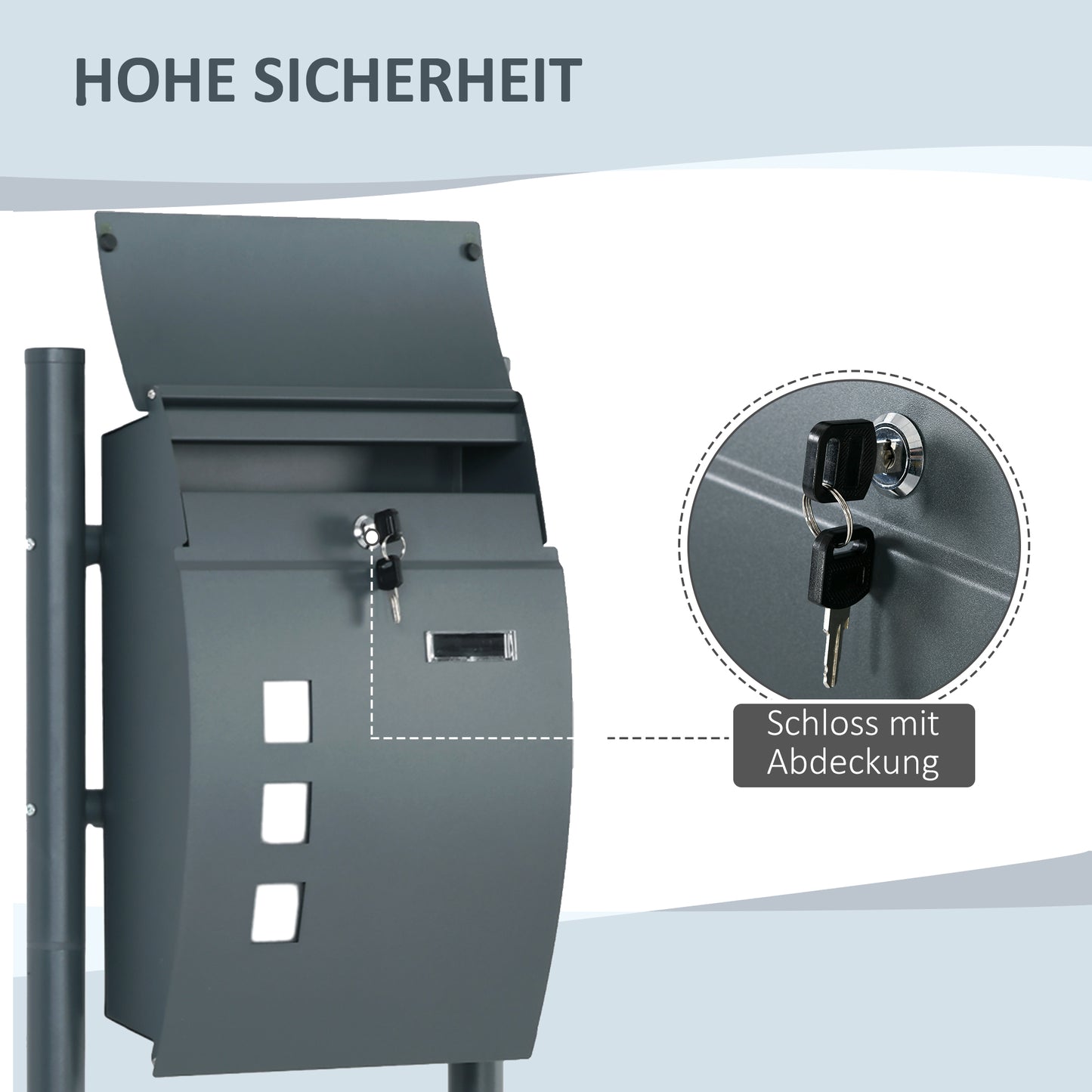 HOMCOM Briefkasten Postkasten, Verriegelung, Standbriefkasten, 2 Schlüssel, Stahl, 44 cm x 15 cm x 114 cm, Grau