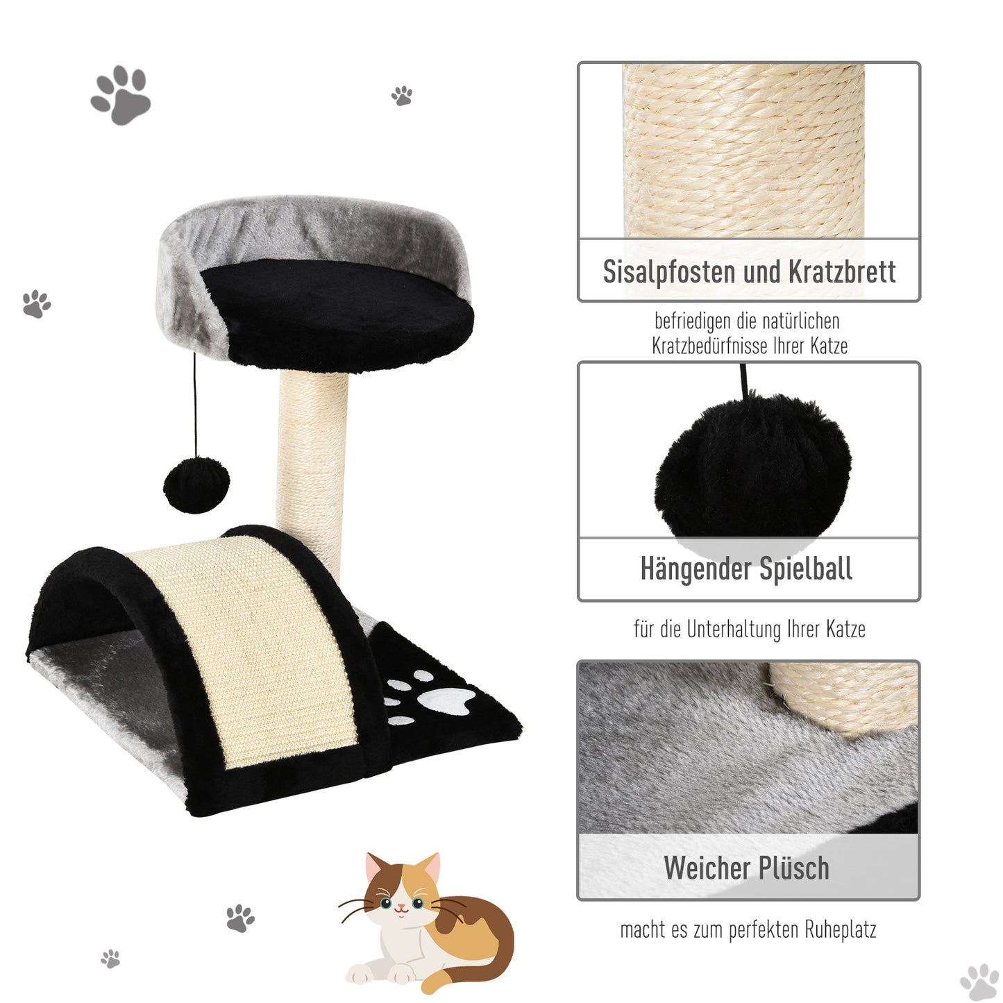 PawHut Kratzbaum Katzenbaum mit Spielbällen Katzenkratzbaum Sisalseil-Kratzstangen Schwarz 35,5 x 37 x 46 cm