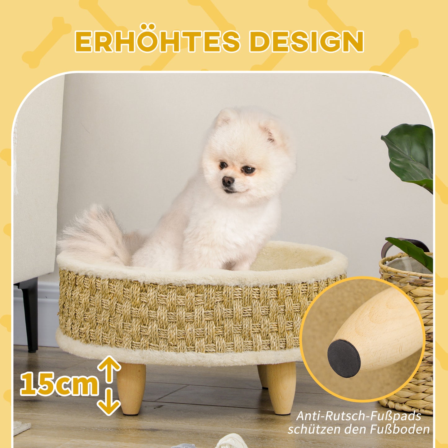 PawHut Haustierbett für Katzen und Hunde, Seegras, waschbares Kissen, 48 cm x 48 cm x 24,5 cm, Beige + Khaki - Natur