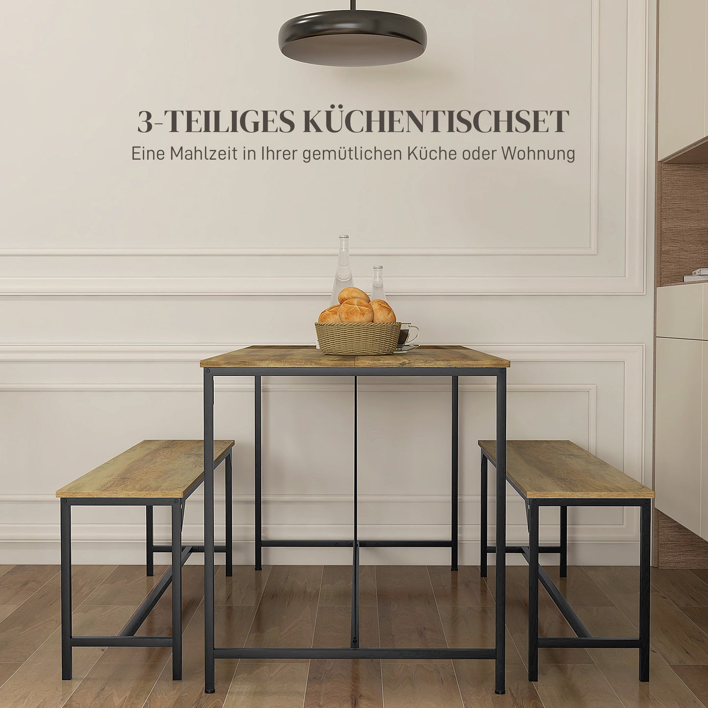 HOMCOM Essgarnitur, Tisch &amp; 2 Bänke, Industrial Design, Stahlrahmen, Holzdekor/Schwarz