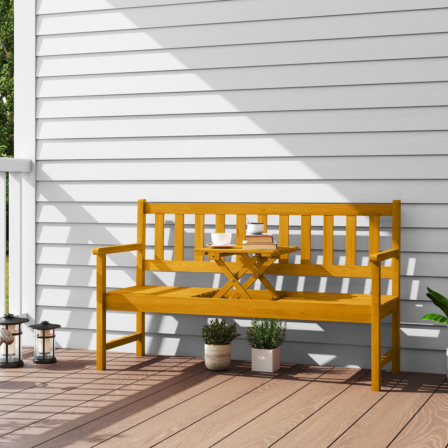 Outsunny 2-Sitzer Gartenbank Holz، wetterfest Sitzbank mit Rücken- &amp; Armlehnen 320 كجم belast 149x56,5x89 سم، خشب الساج