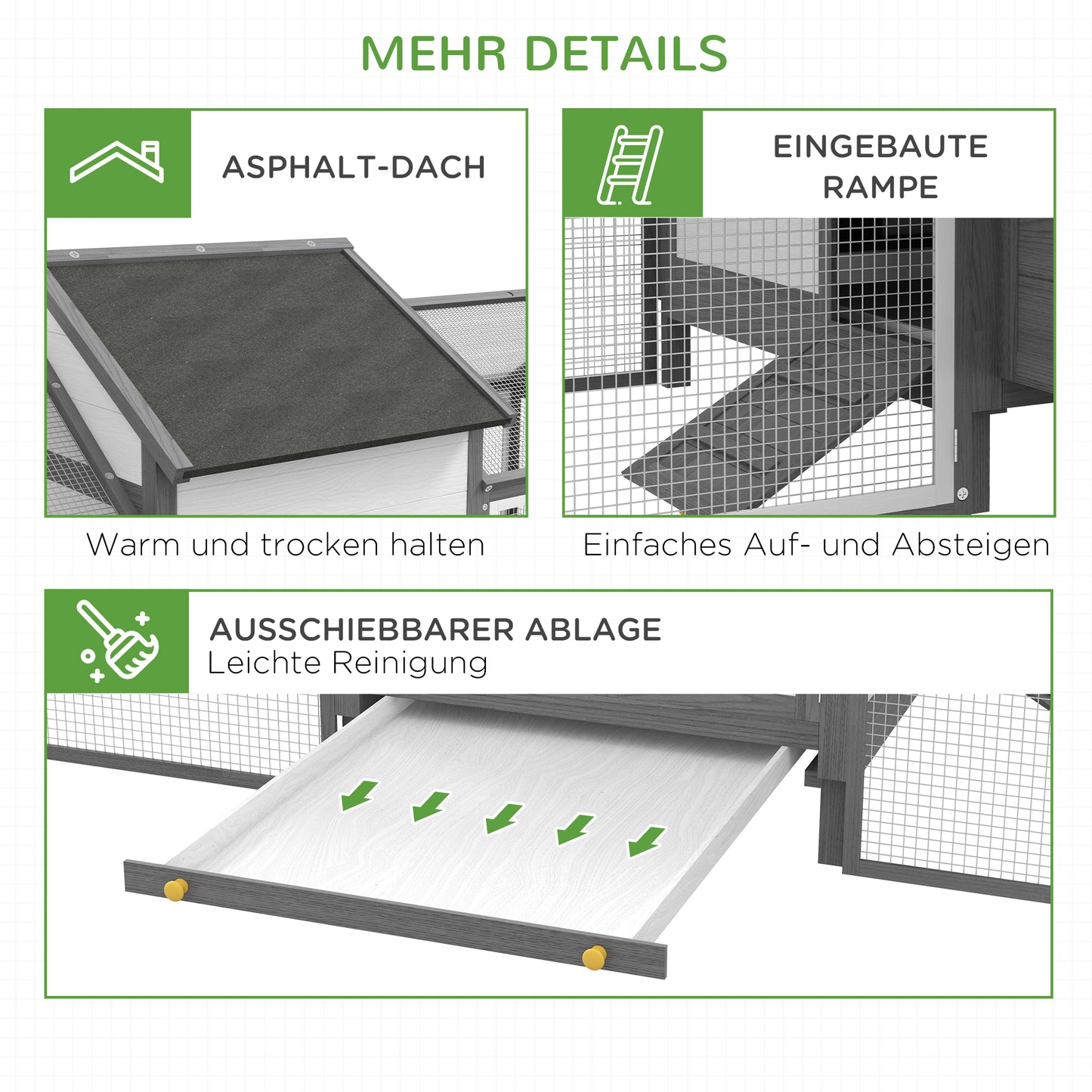 PawHut Hühnerstall Kleintierstall 2 Außengehege, 1 Nistkasten, 2 Rampen,Asphaltdach, wetterbeständig, Grau