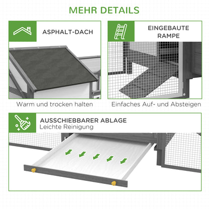 PawHut Hühnerstall Kleintierstall 2 Außengehege, 1 Nistkasten, 2 Rampen,Asphaltdach, wetterbeständig, Grau