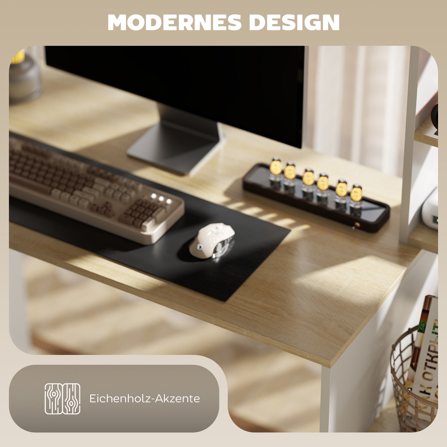 HOMCOM Computertisch, Schreibtisch mit offenen Regalen und Ablagefächern, aus Stahl, Hellbraun+Weiß