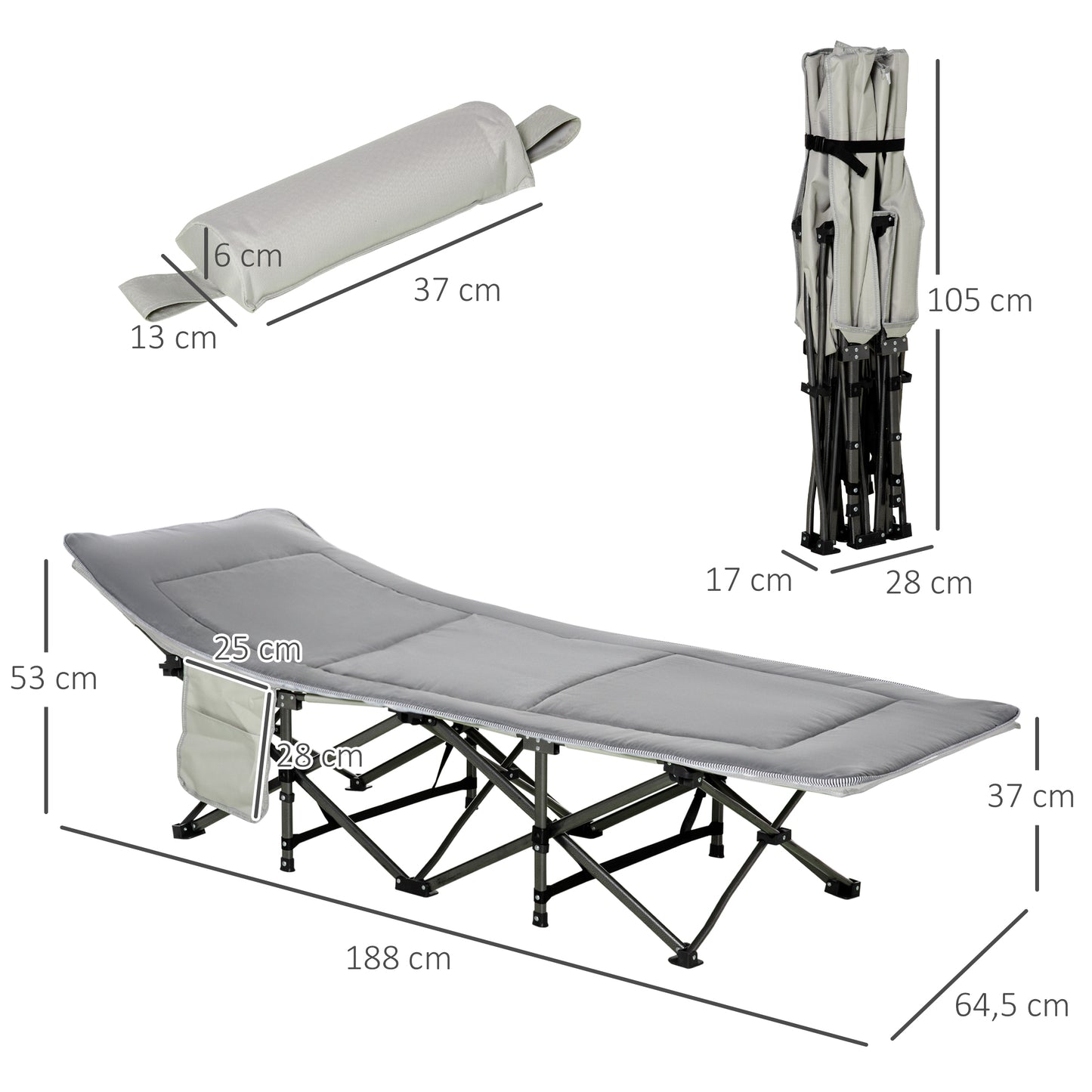 Outsunny Feldbett faltbar Campingbett mit Matratze Tragetasche 188 x 64,5 x 53 cm Gästebett bis 150 kg belastbar Campingliege für Erwachsene Klappbett für Outdoor, Garten Camping Reisen Hellgrau