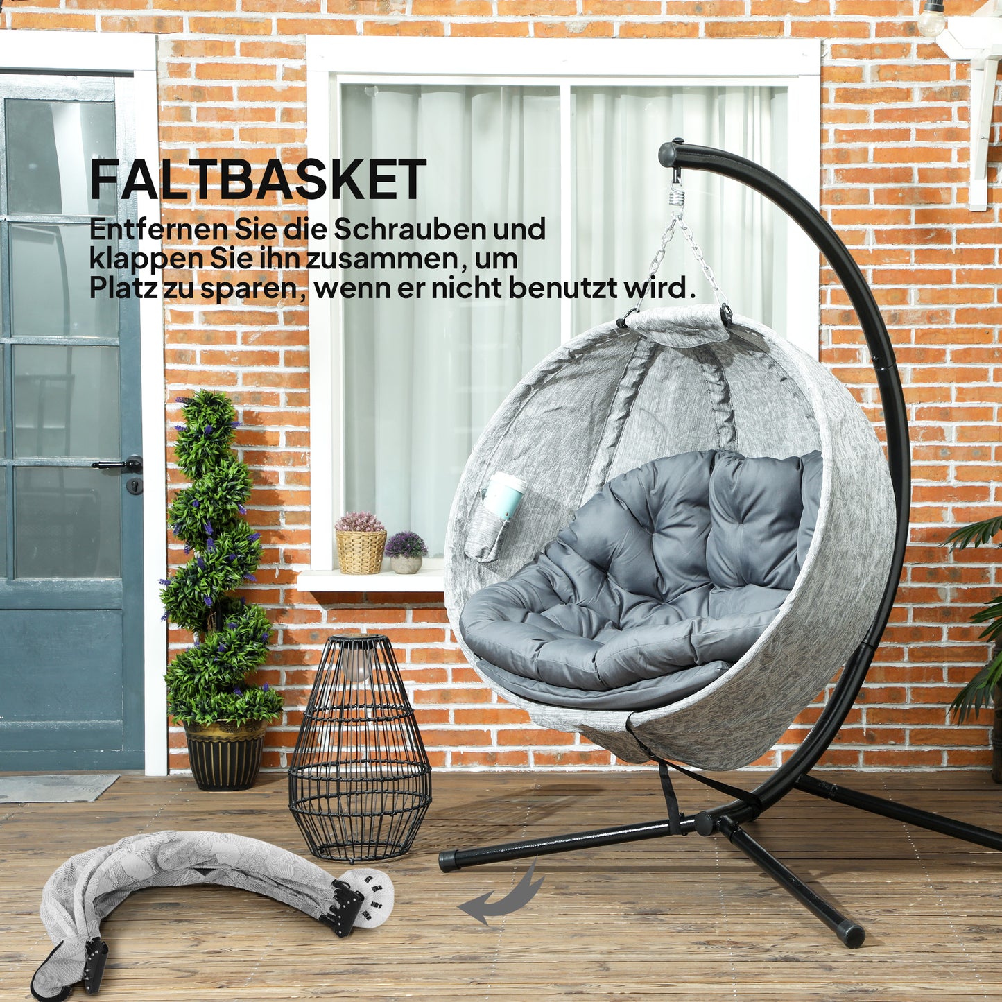 Outsunny Eiförmiger Hängekorb, Hängesessel mit Schaukelfunktion und faltbarem Korb, Gartenstuhl, Becherhalter, Grau