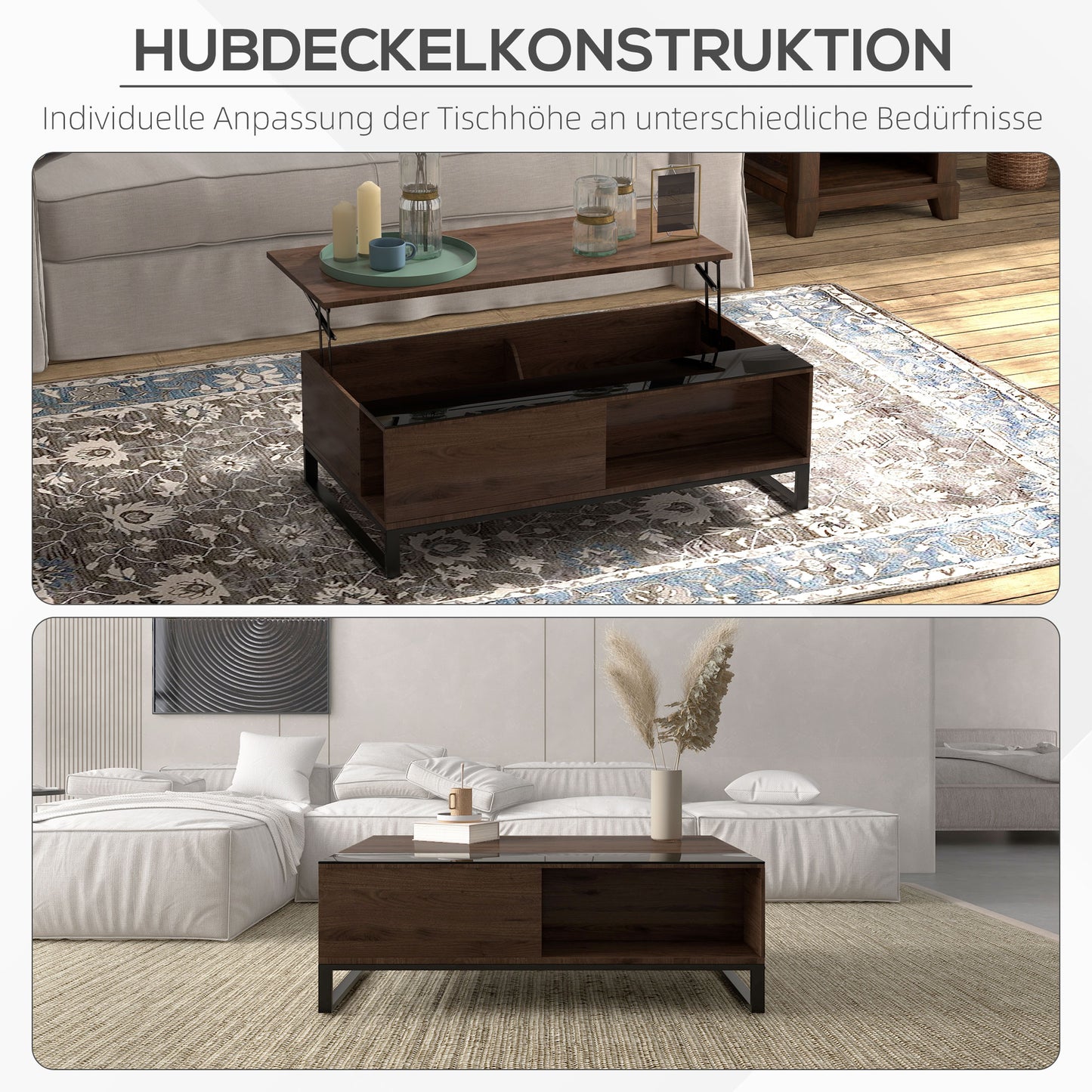 HOMCOM Beistelltisch mit Hebefunktion, verstecktes Staufach, Walsnussholzoptik, Stahlrahmen, 102 x 58 x 35,5 cm