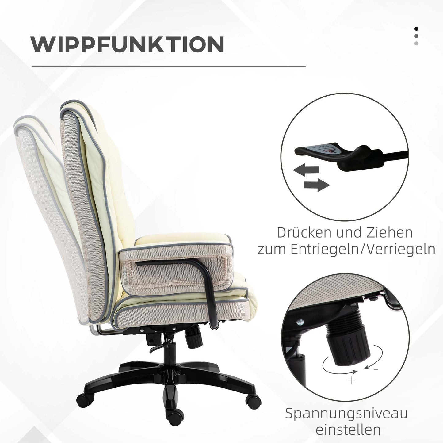 Vinsetto Ergonomischer Bürostuhl، gepolstert إضافي، Liegefunktion، Kunstleder، 76x80x118-124 سم، كريم