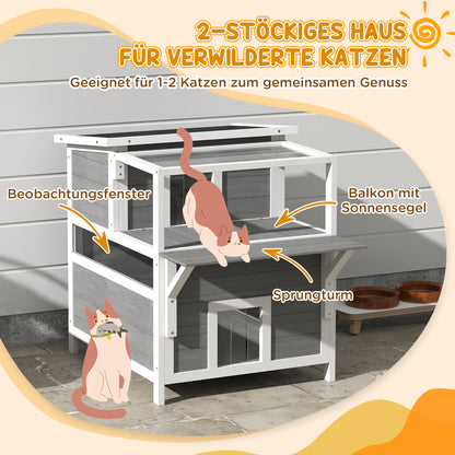 PawHut 2-stöckiges Katzenhaus mit Balkon, Wetterfeste Katzenhütte, Regen- und Sonnenschutz, für drinnen und draußen, Hellgrau